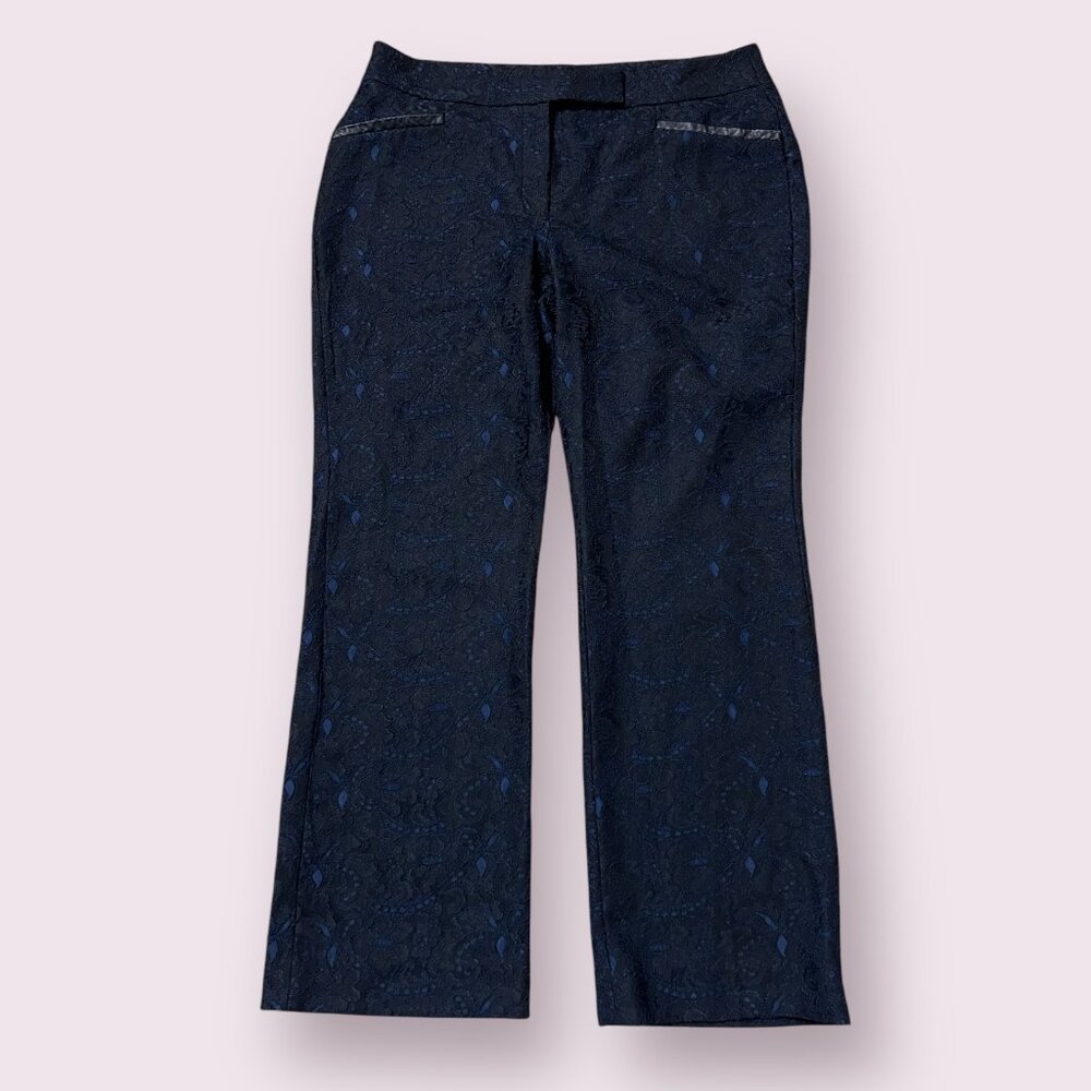 Chico's Black Label Pants Sz 2.5 Brocade Metallic Lace Trousers Navy Blue Dressy